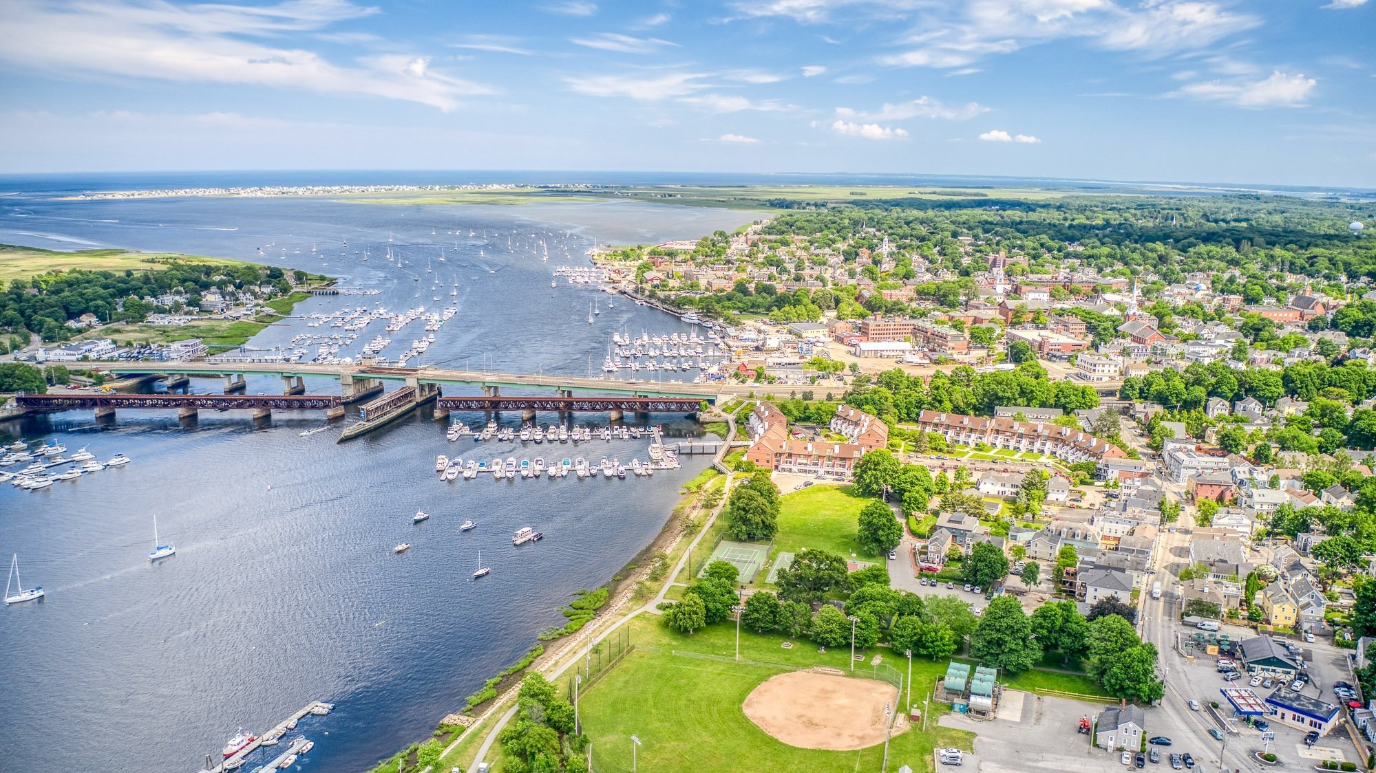 A cozy seaside town from above.